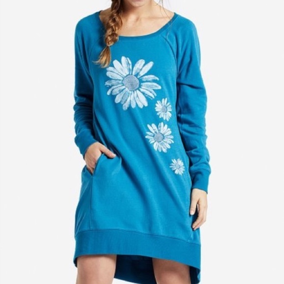Life Is Good - Long Sleeve White Daisies Blue Classic Fit Sweatshirt Dress - XXL - Picture 2 of 11